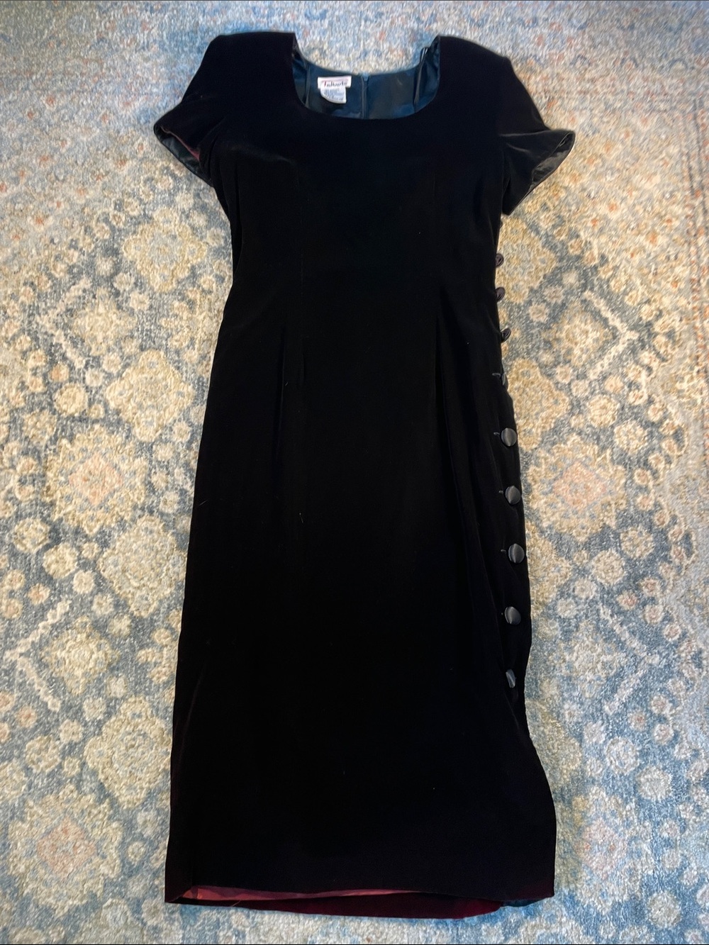 Timeless Talbots Black Velvet Midi Dress with Side Button Detail